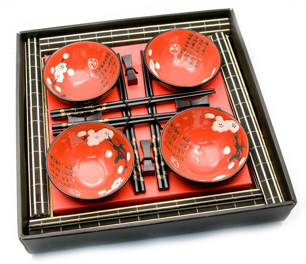 Сервиз для суши "Красный с цветами сакуры" (4 персоны)(34,5х34,5х7 см)